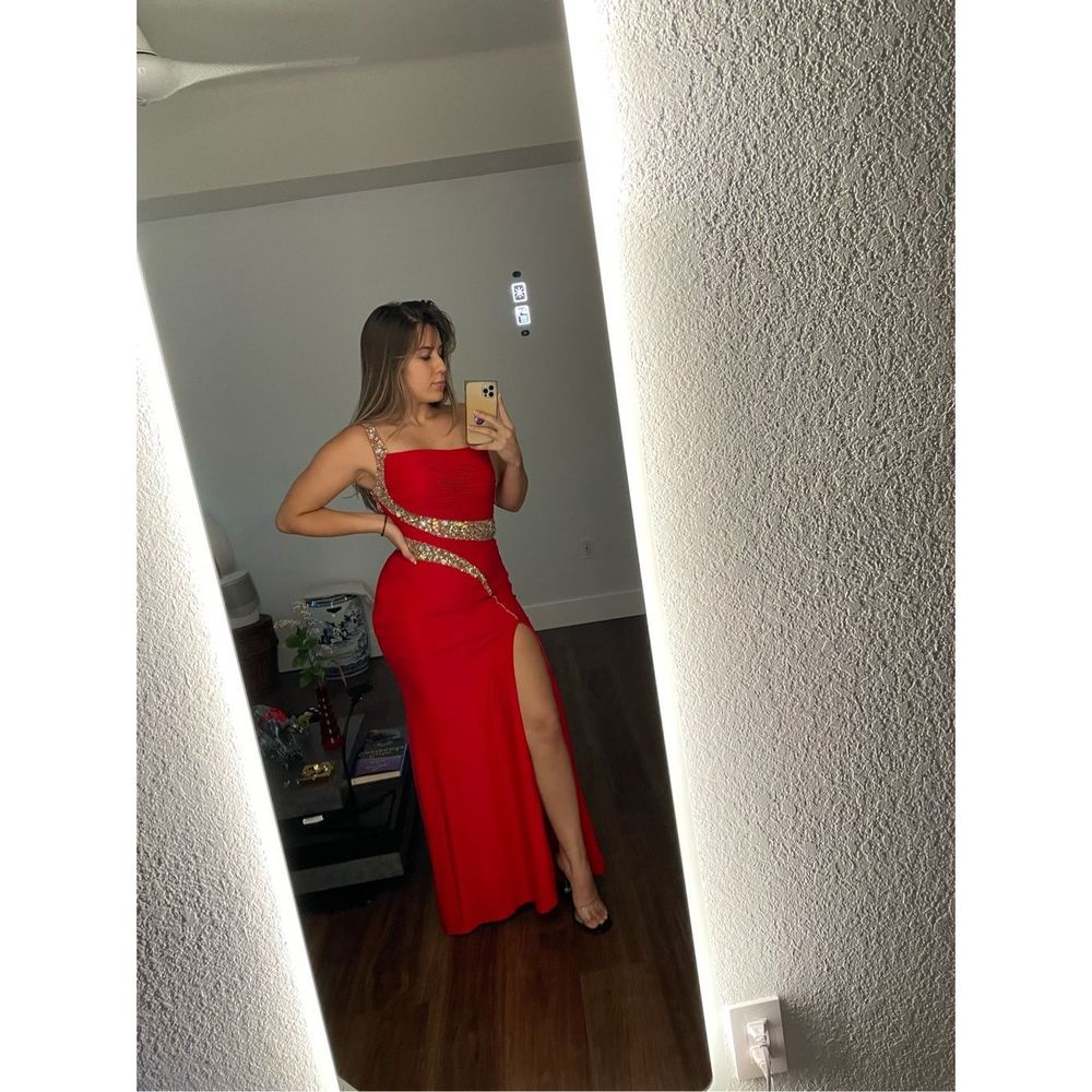 Red High Slit Prom Dress with Accents